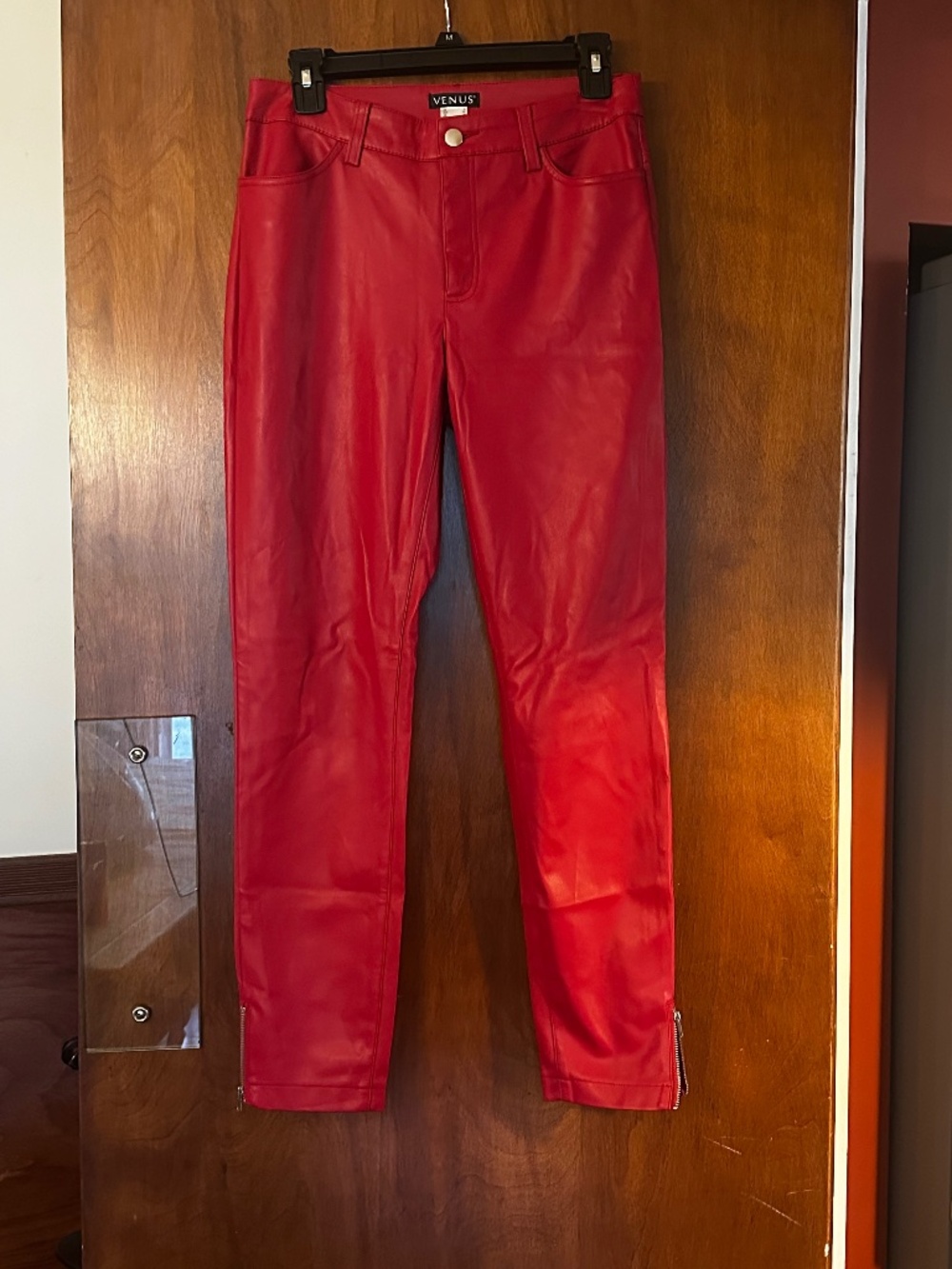 Venus Womens Red Faux Leather Pants Zip Ankle